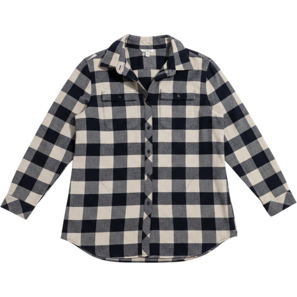 LL Bean Signature Womens Large Buffalo Plaid Flannel Shirt Navy Cream layering